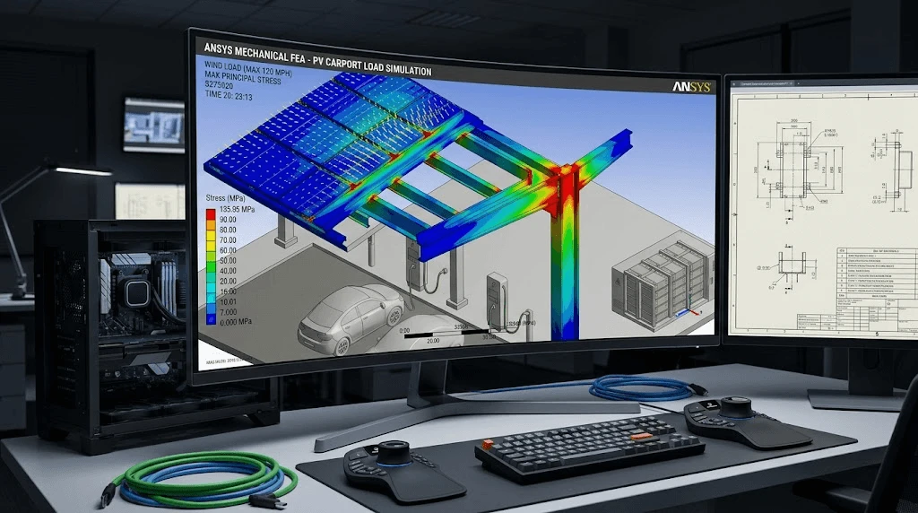 Engineering architectural cross-section of a hot-dip galvanized steel solar carport canopy showing internal cable ducts, concrete pier foundations, and waterproof drainage. Engineering architectural cross-section of a hot-dip galvanized steel solar carport canopy showing internal cable ducts, concrete pier foundations, and waterproof drainage.